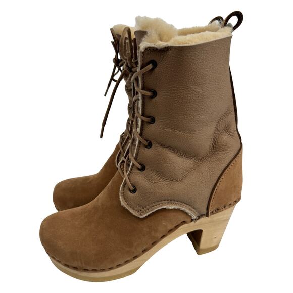 No. 6 Suede Fur High Heel Lace Up Shearling Boots Tan & Brown Size 38 (US 7.5) - Picture 8 of 13